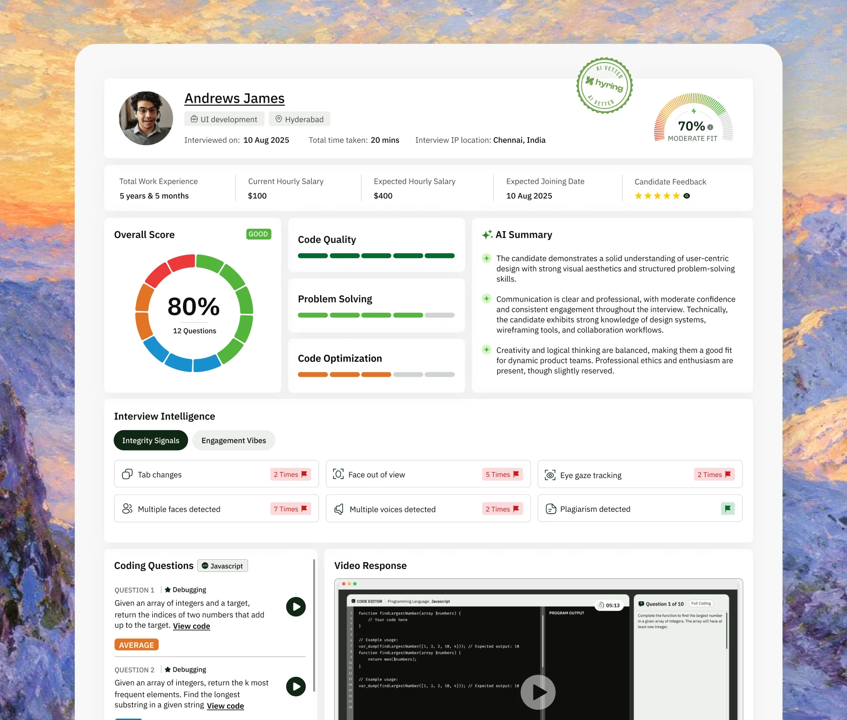 AI coding interviewer live IDE and scored candidate report