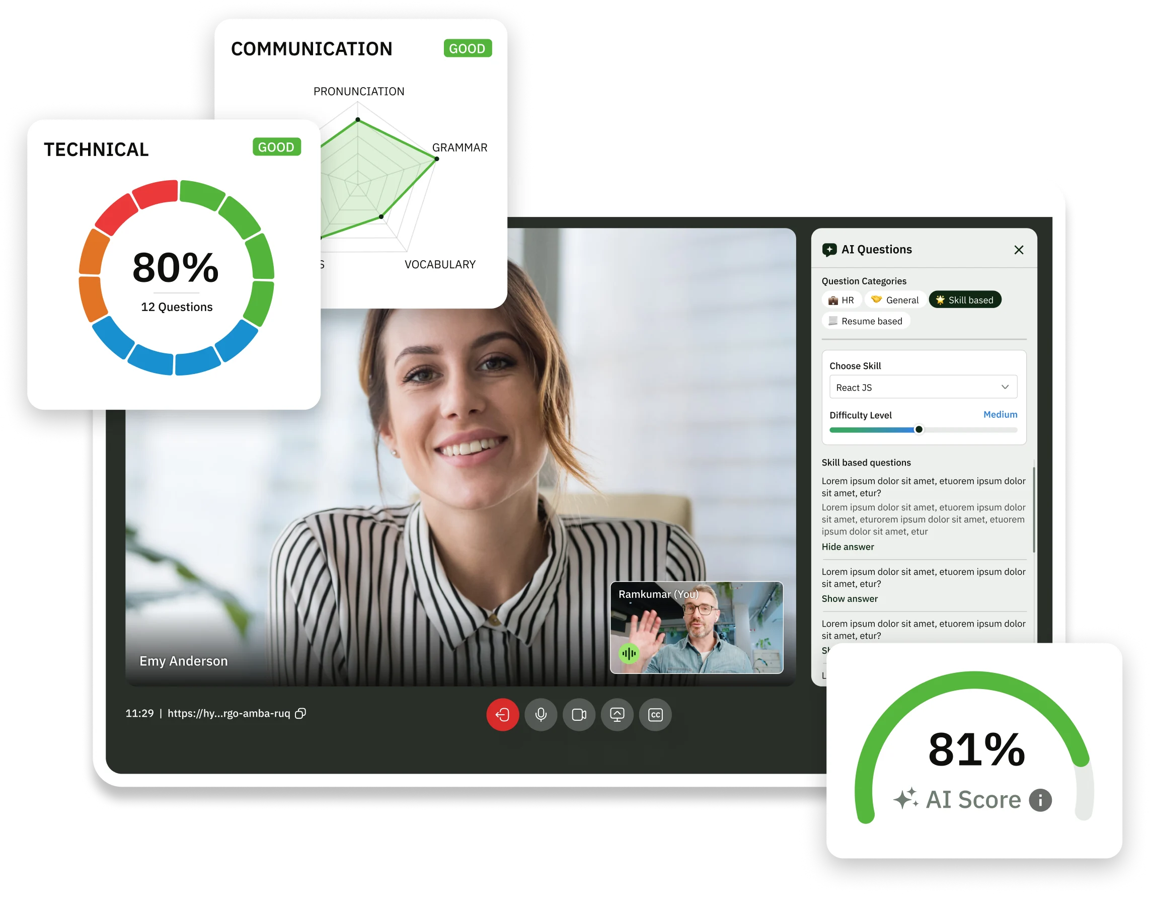 Hyring Meet interview dashboard with AI notes and scores