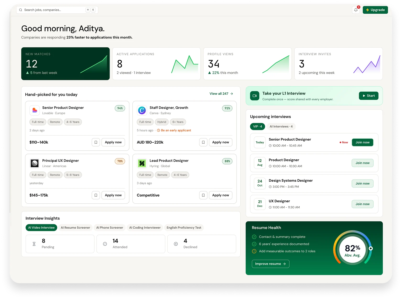 Hyring jobseeker portal with an AI mock interview, technical and communication scores, and a job fit reading