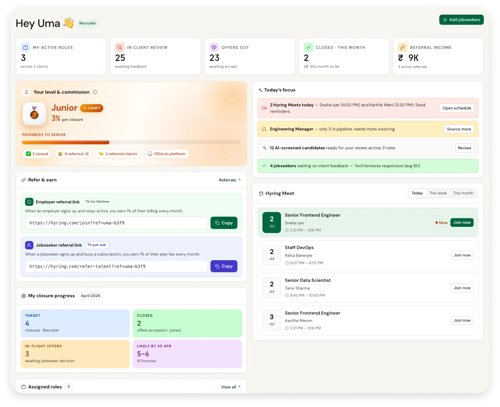 Hyring partner portal with assigned roles, AI screening, and earnings