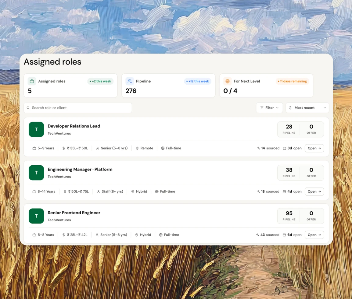 Hyring partner portal with assigned roles, AI screening, and level-based earnings