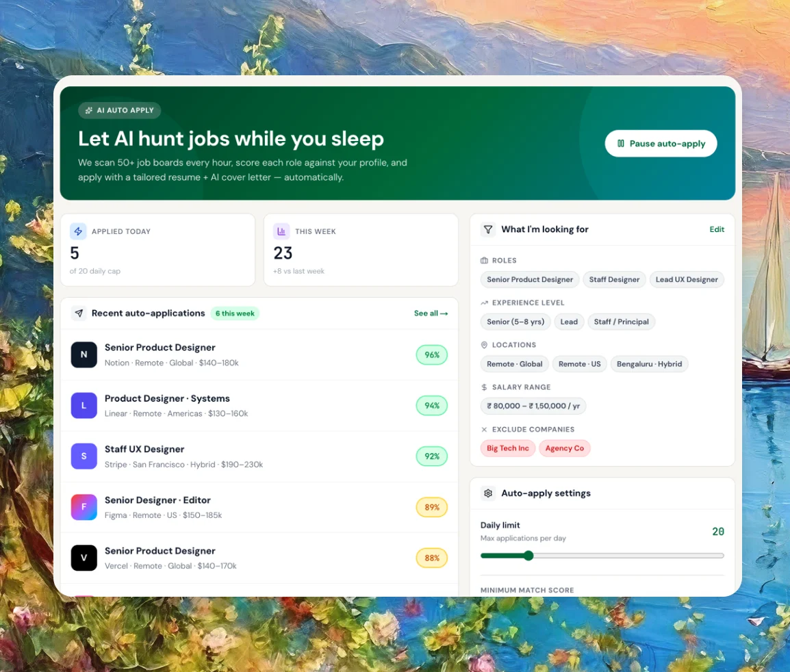 Hyring jobseeker portal showing an AI mock interview report with technical and communication scores and a job fit reading